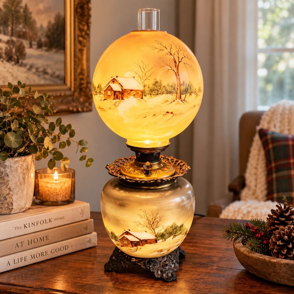 Double Globe Lamp Hand Painted Winter Scene Dual Light Ornate Brass